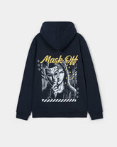 Black hoodie with 'Mask Off' graphic design on the back against a light gray background
