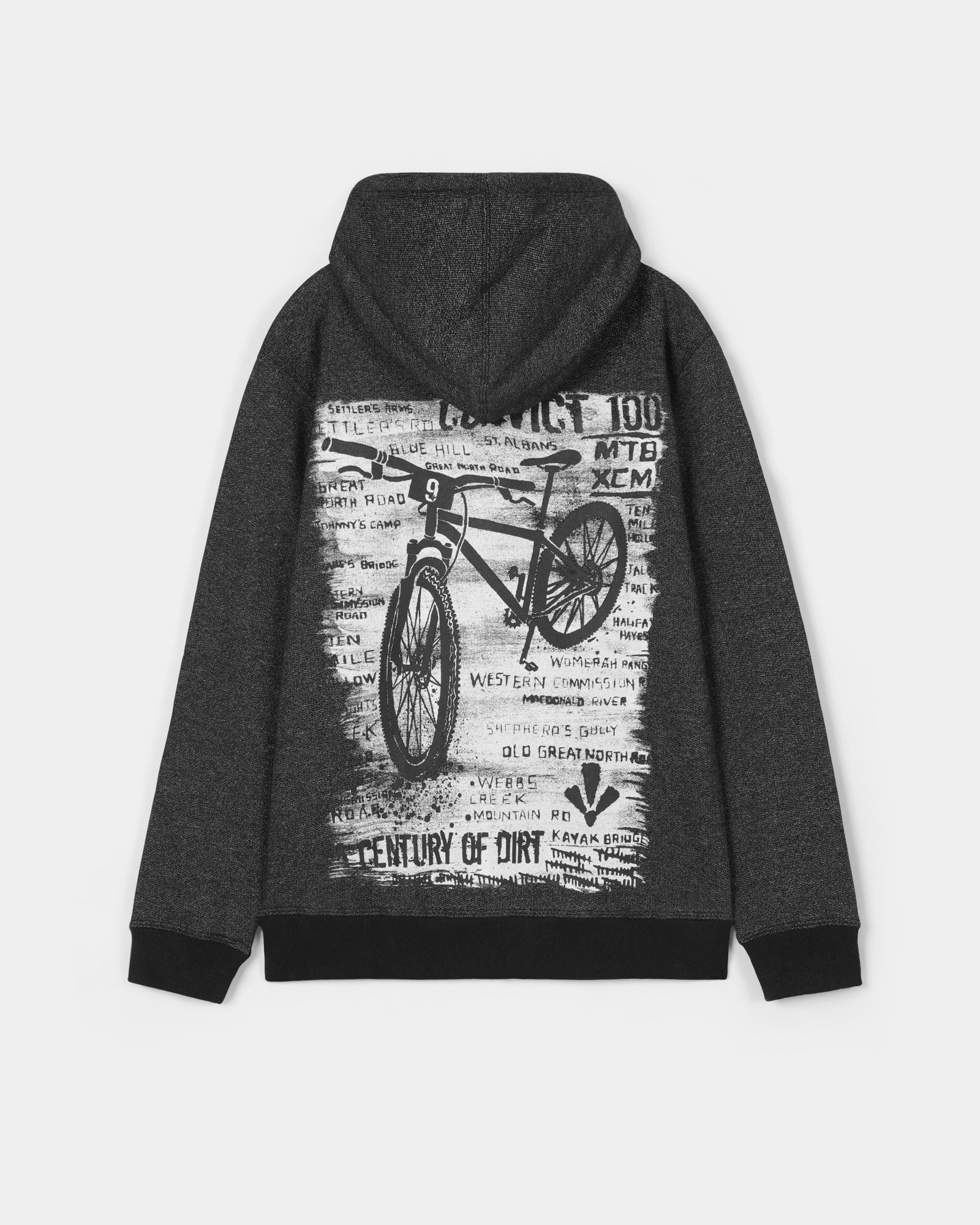 Dark gray hoodie with a graphic of a bicycle on the back against a white background