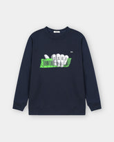 Navy blue sweatshirt with graphic design on a white background