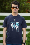 A male model wearing a navy blue graphic T-shirt with a 'Hope Urban Concept' print, sunglasses, and a watch.