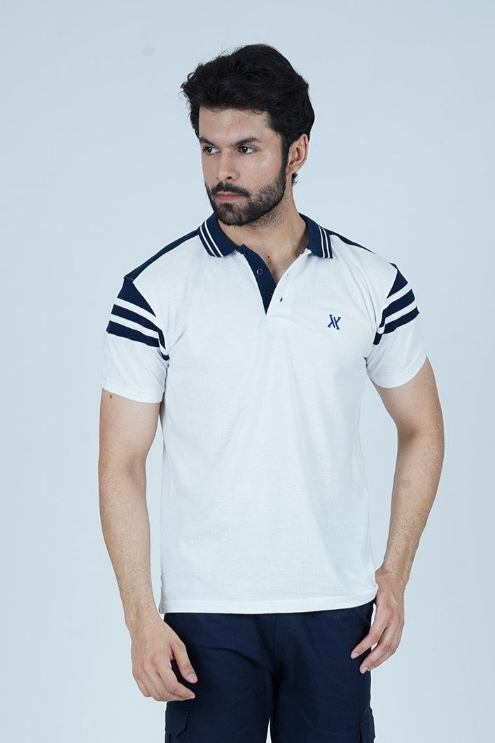 Xea Color Block Men's White Polo Shirt. This comfortable and stylish piece has a Urban design with a Contrast collar and Shoulder. - Color Blocking Men White Polo Shirt - Xea Clothing