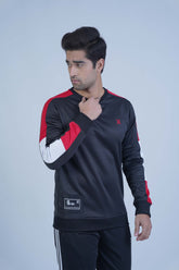 Black sweatshirt with bold red and white stripes running down the length of both sleeves, creating a sleek and sporty design. - Striking Sleeves Black Sweatshirt - Xea Clothing