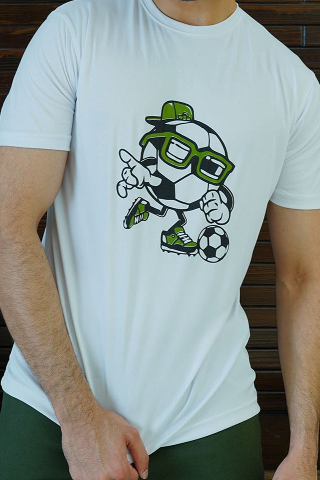 A man wearing a white graphic t-shirt with a playful design of a football fan wearing glasses.