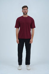 Essential maroon drop shoulder T-shirt for unisex oversized fit, premium cotton, and a modern street style look.