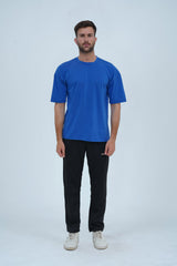 Sapphire blue oversized drop shoulder T-shirt for men – relaxed fit, soft cotton, and perfect for casual and streetwear looks.