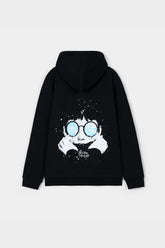 Black hoodie with a graphic design on the back against a white background