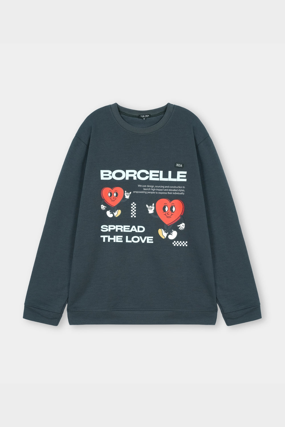 Dark gray sweatshirt with text and heart graphics on a light gray background