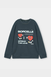 Dark gray sweatshirt with text and heart graphics on a light gray background