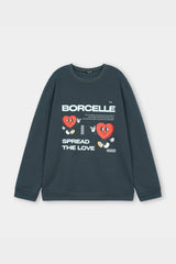Dark gray sweatshirt with text and heart graphics on a light gray background