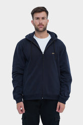 Man wearing a navy blue hoodie on a white background