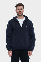 Man wearing a navy blue hoodie on a white background