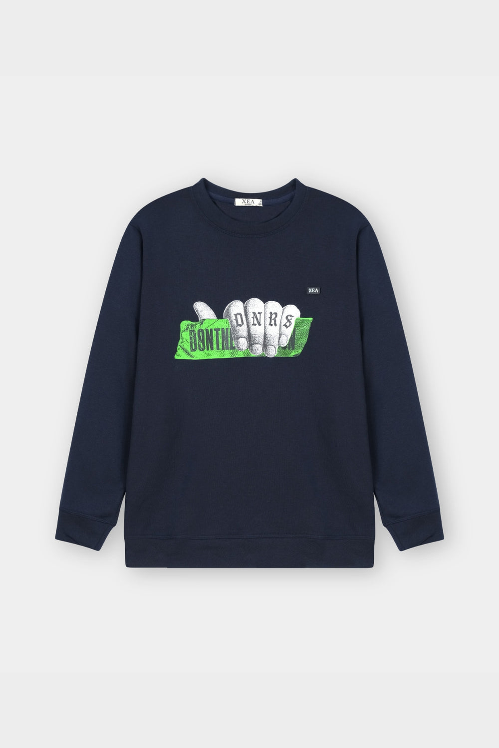 Navy blue sweatshirt with green and white graphic on a light gray background