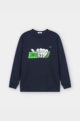 Navy blue sweatshirt with green and white graphic on a light gray background