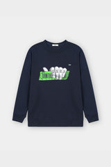 Navy blue sweatshirt with green and white graphic on a light gray background