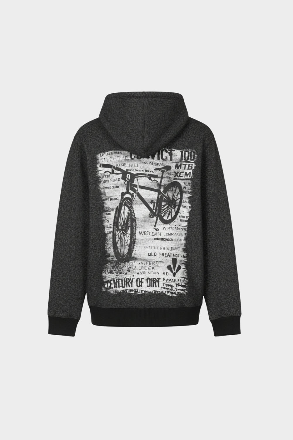 Black hoodie with bicycle graphic on the back against a white background