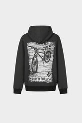Black hoodie with bicycle graphic on the back against a white background