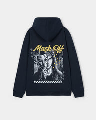 Black hoodie with 'Mask Off' graphic design on the back against a light gray background