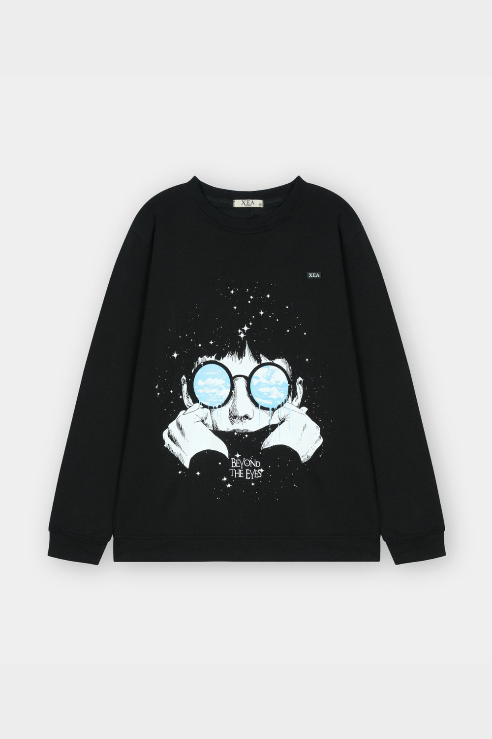 Black long-sleeve shirt with graphic design on a white background