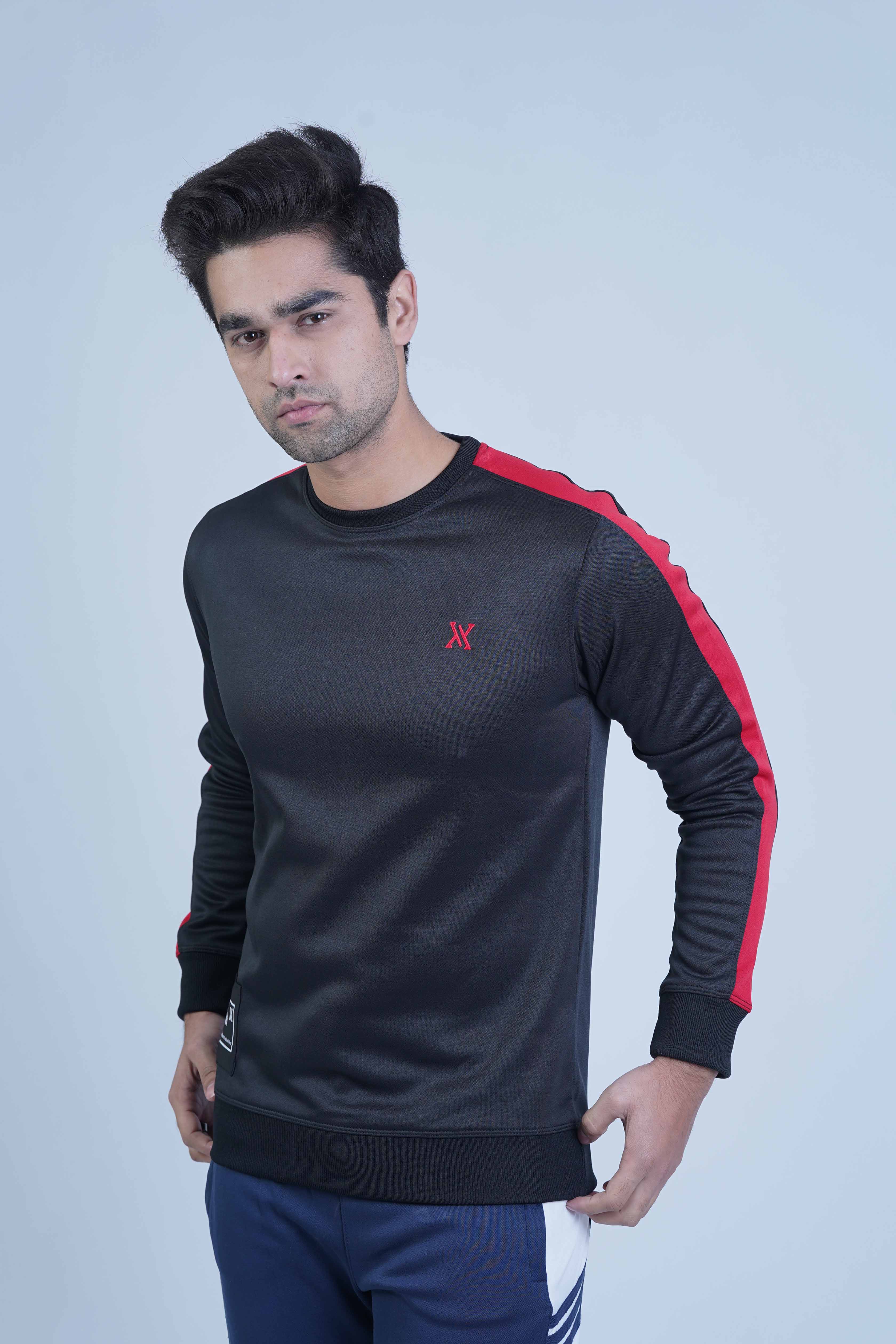 Take on winter with confidence in our Black Sweatshirt for men's! Stay cozy and stylish with premium materials and a perfect fit. The bold red panel on the sleeves adds a touch of adventure to your wardrobe. -  Bold Sleeves Black Sweatshirt - Xea Clothing