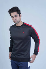 Take on winter with confidence in our Black Sweatshirt for men's! Stay cozy and stylish with premium materials and a perfect fit. The bold red panel on the sleeves adds a touch of adventure to your wardrobe. -  Bold Sleeves Black Sweatshirt - Xea Clothing