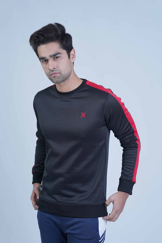 Take on winter with confidence in our Black Sweatshirt for men's! Stay cozy and stylish with premium materials and a perfect fit. The bold red panel on the sleeves adds a touch of adventure to your wardrobe.