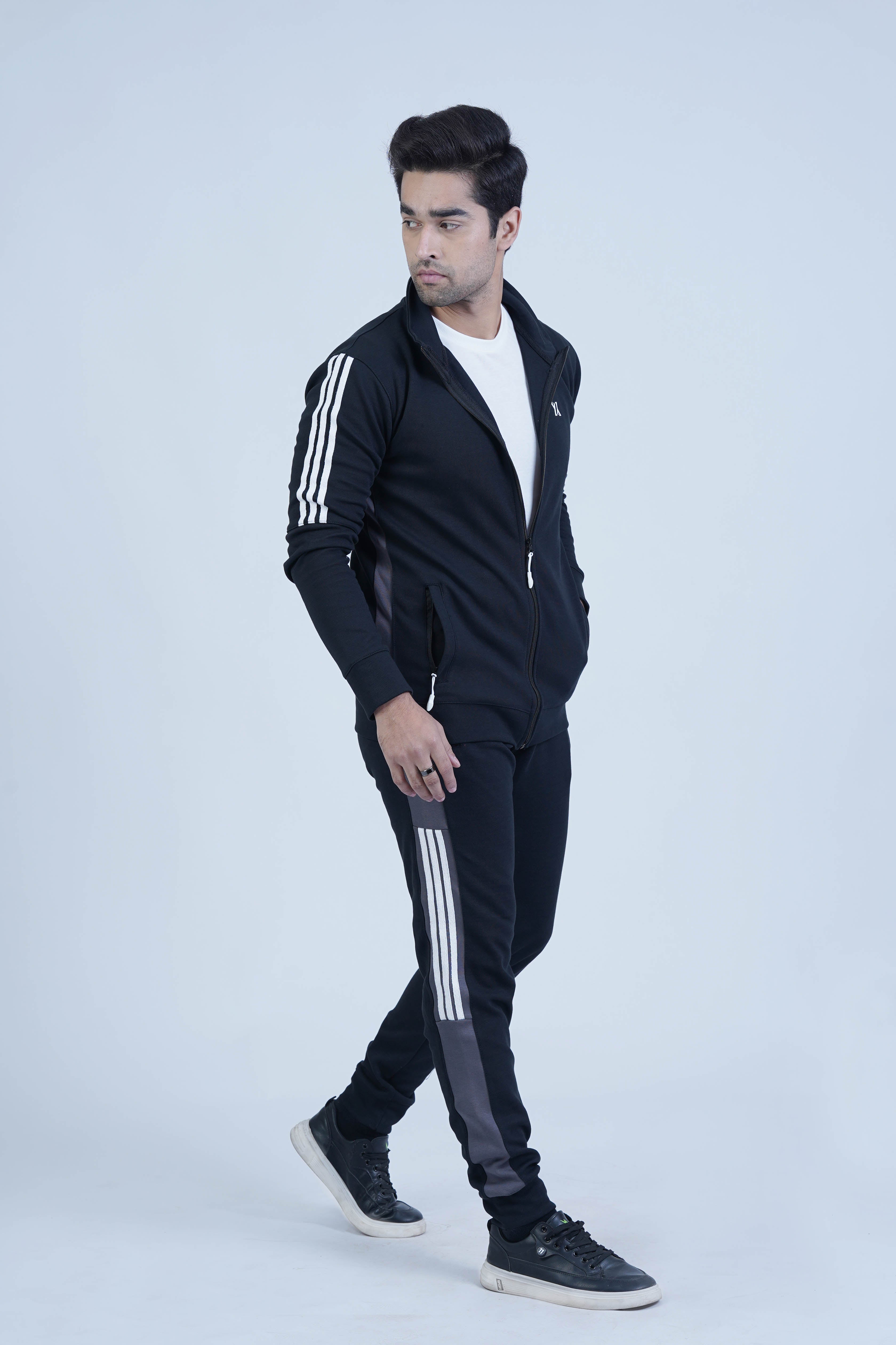 Conquer winter in style with our Special Edition Winter Tracksuit for men. With a sleek black base, standout smoke grey panels, and trendy half three stripes in white, this tracksuit is perfect for the modern athlete. -  Special Edition Winter Tracksuit - Xea Clothing