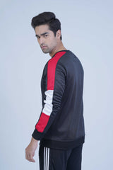Casual black crewneck sweatshirt with red and white stripes along the sleeves, giving a dynamic and eye-catching contrast. -  Striking Sleeves Black Sweatshirt - Xea Clothing