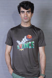 Person wearing a dark gray t-shirt with a colorful graphic and text against a striped background