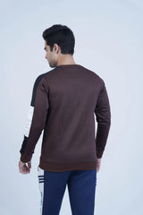 Casual brown sweatshirt with bold black and white stripes on each sleeve, adding a dynamic, modern touch. -  Striking Sleeves Brown Sweatshirt - Xea Clothing -  Striking Sleeves Brown Sweatshirt - Xea Clothing