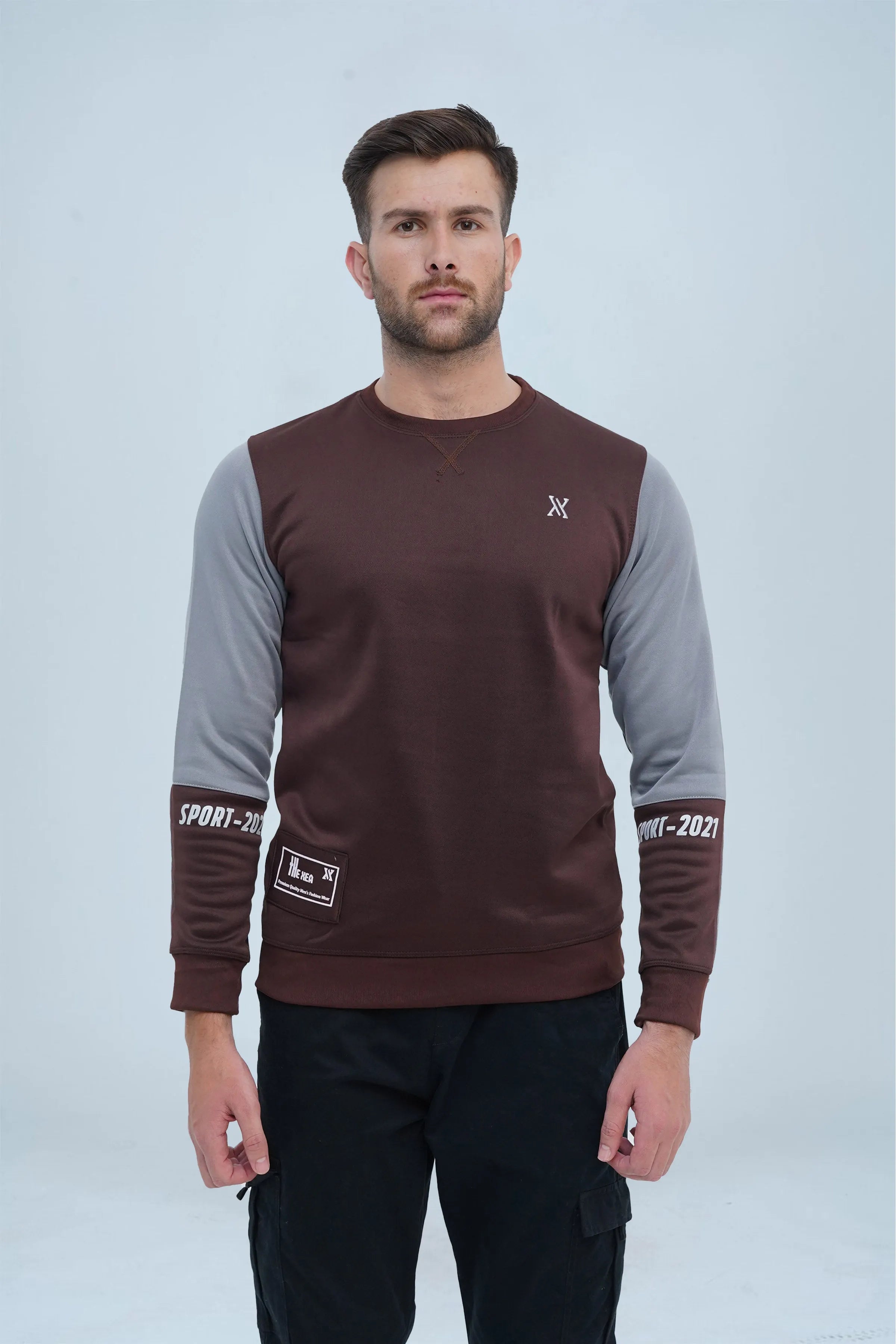 Casual Brown Sweatshirt with Unique Sleeve Details, perfect for adding flair to your everyday outfits -  Contrast Sleeves Sweatshirt Brown - Xea Clothing -  Contrast Sleeves Sweatshirt Brown - Xea Clothing