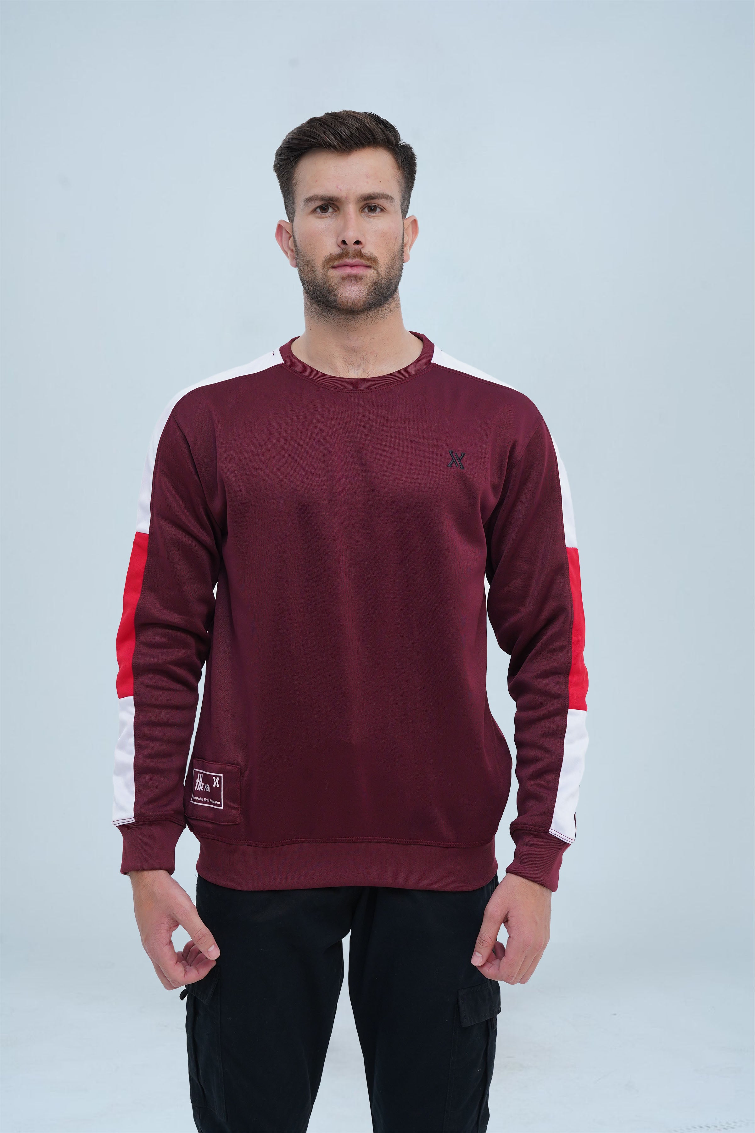 Casual Striking Sleeves Maroon Sweatshirt for men, combining comfort and style in one eye-catching piece.