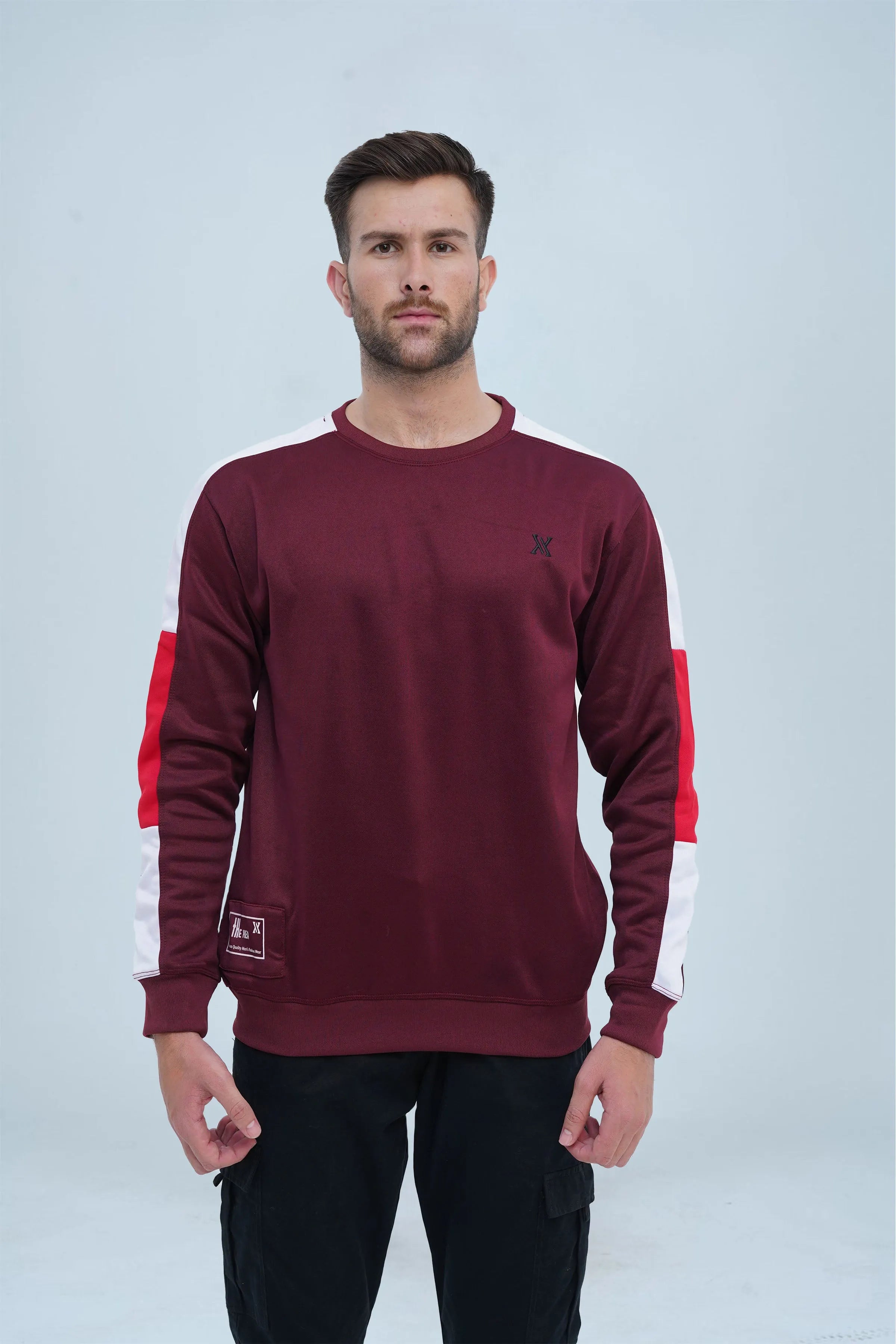 Casual Striking Sleeves Maroon Sweatshirt for men, combining comfort and style in one eye-catching piece. -  Striking Sleeves Maroon Sweatshirt - Xea Clothing -  Striking Sleeves Maroon Sweatshirt - Xea Clothing