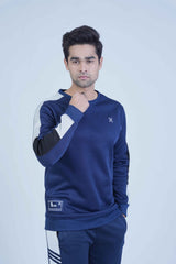 Casual navy crewneck featuring contrasting ash grey and black stripes along the sleeves for a trendy look.