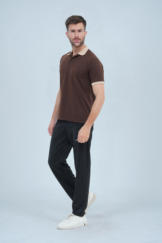 A stylish men's brown polo shirt with a beige collar and sleeve trim, perfect for casual and semi-formal occasions.