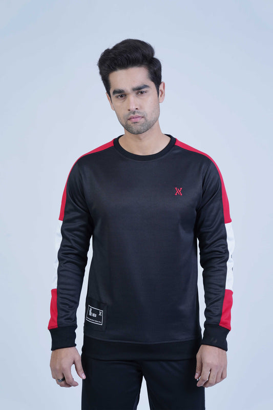 Classic black sweatshirt with bold red and white stripes on the sleeves, adding a pop of color to the minimalist design