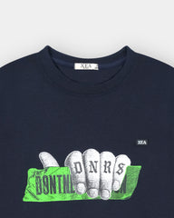 Navy blue sweatshirt with graphic design and 'XEA' branding on a white background