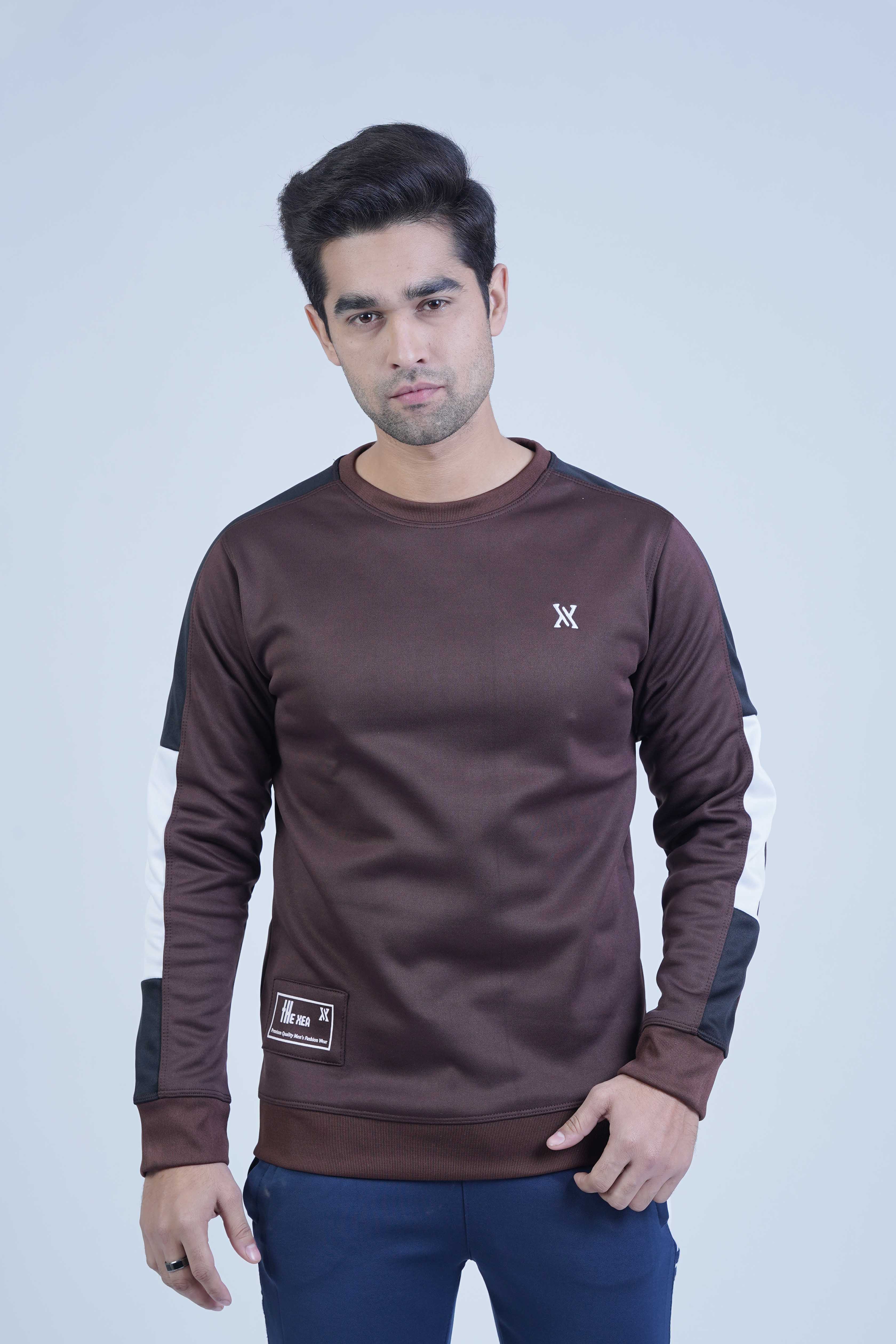 Brown sweatshirt with black and white stripes running down the sleeves, offering a sleek, sporty touch to the design