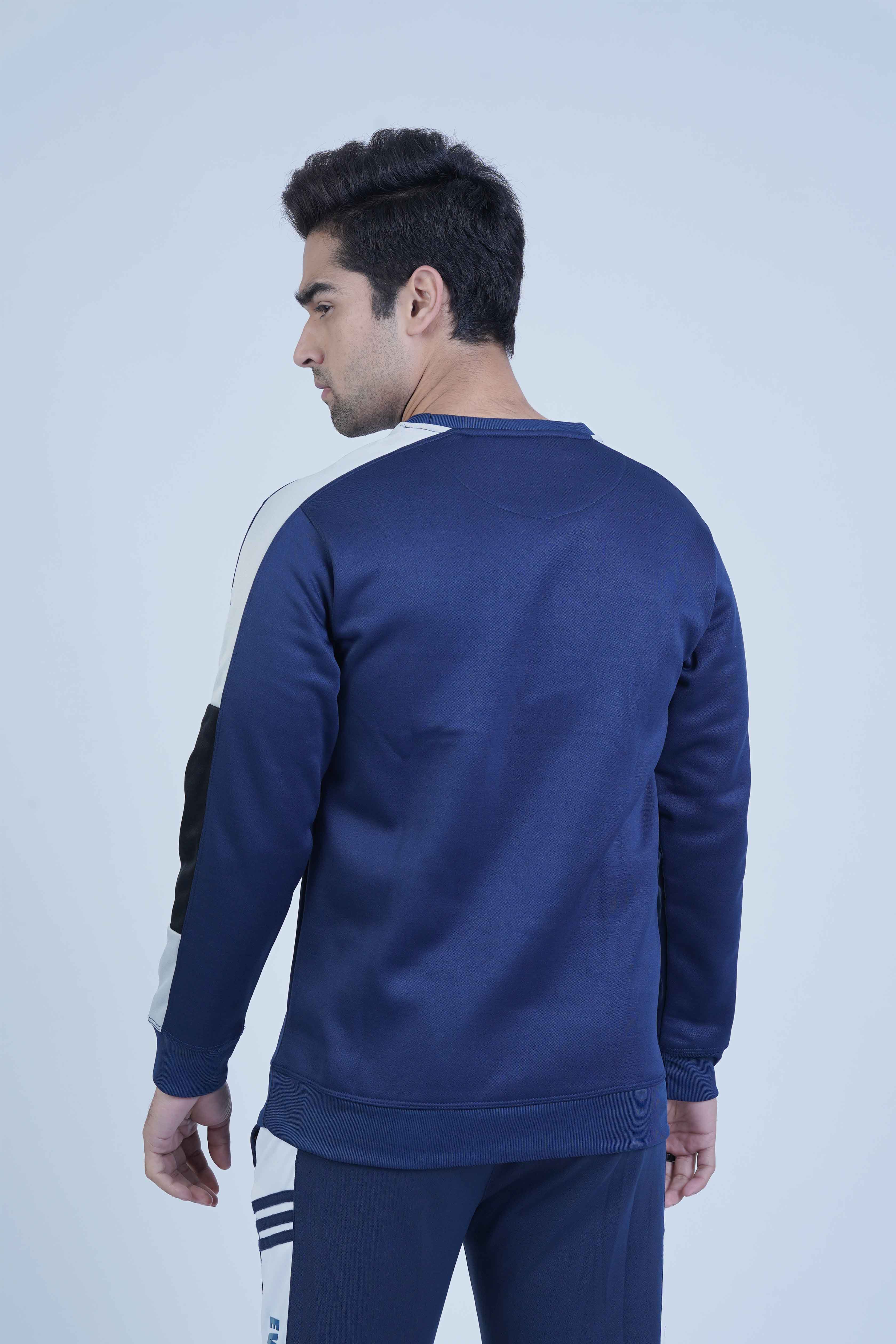 Deep navy sweatshirt with eye-catching ash grey and black stripes on the sleeves, adding a dynamic touch to the design.