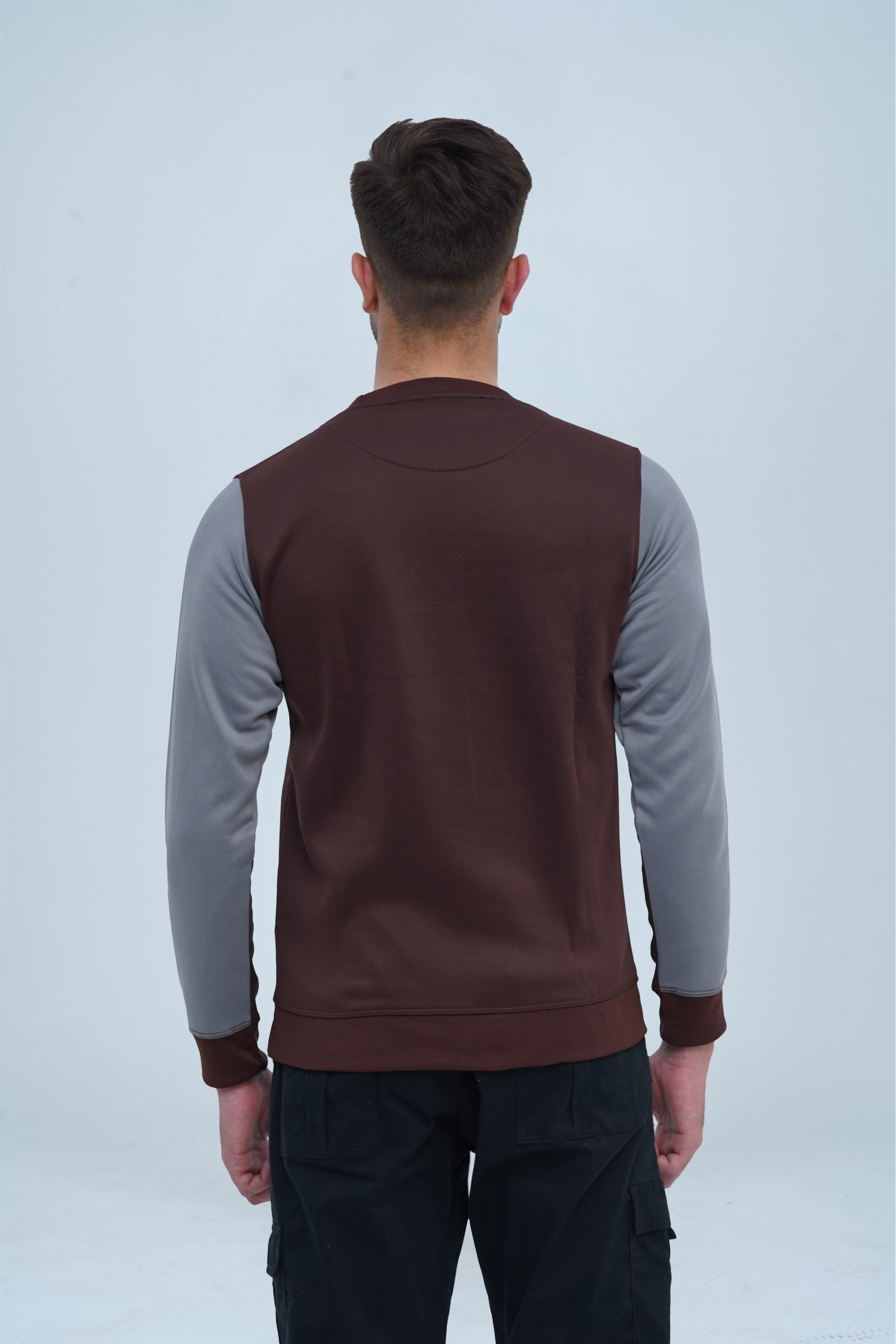 Fashionable Brown Sweatshirt with Bold Sleeve Accents, perfect for making a statement in your wardrobe