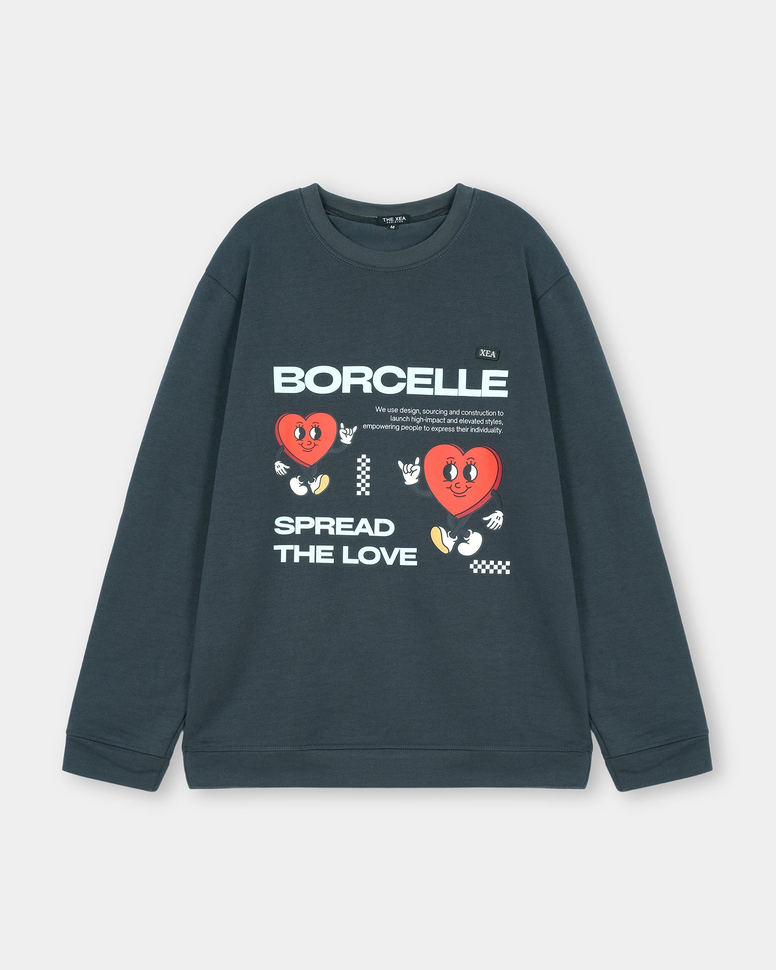 Navy blue sweatshirt with 'Borcelle' branding and heart designs on a light gray background