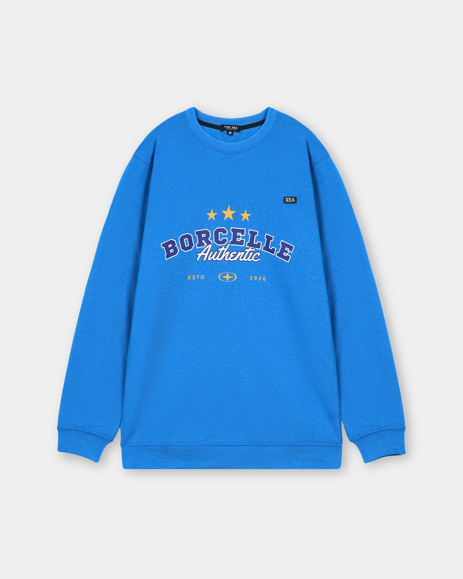 Blue sweatshirt with 'BORCELLE Authentic' text on a light gray background