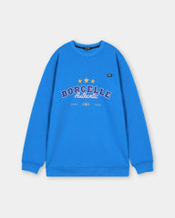 Blue sweatshirt with 'BORCELLE Authentic' text on a light gray background