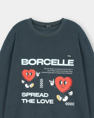 Navy blue sweatshirt with Borcelle branding and heart designs on a white background