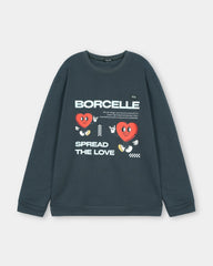 Navy blue sweatshirt with 'Borcelle' branding and heart designs on a light gray background