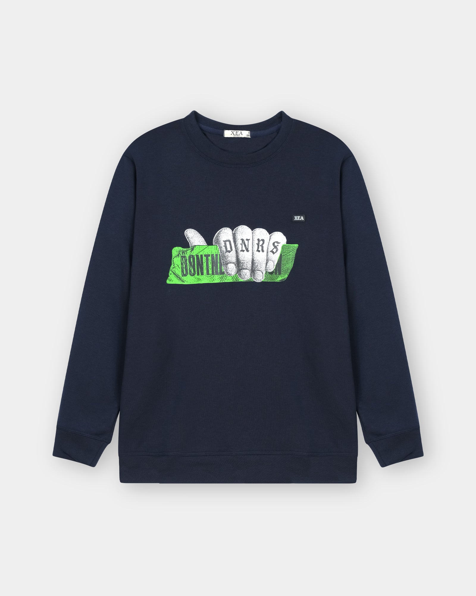 Navy blue sweatshirt with graphic design on a white background