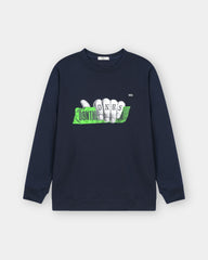 Navy blue sweatshirt with graphic design on a white background