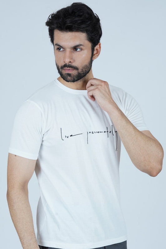 A man wearing a white crew neck t-shirt with the text 'love passionately' printed on the front. 927