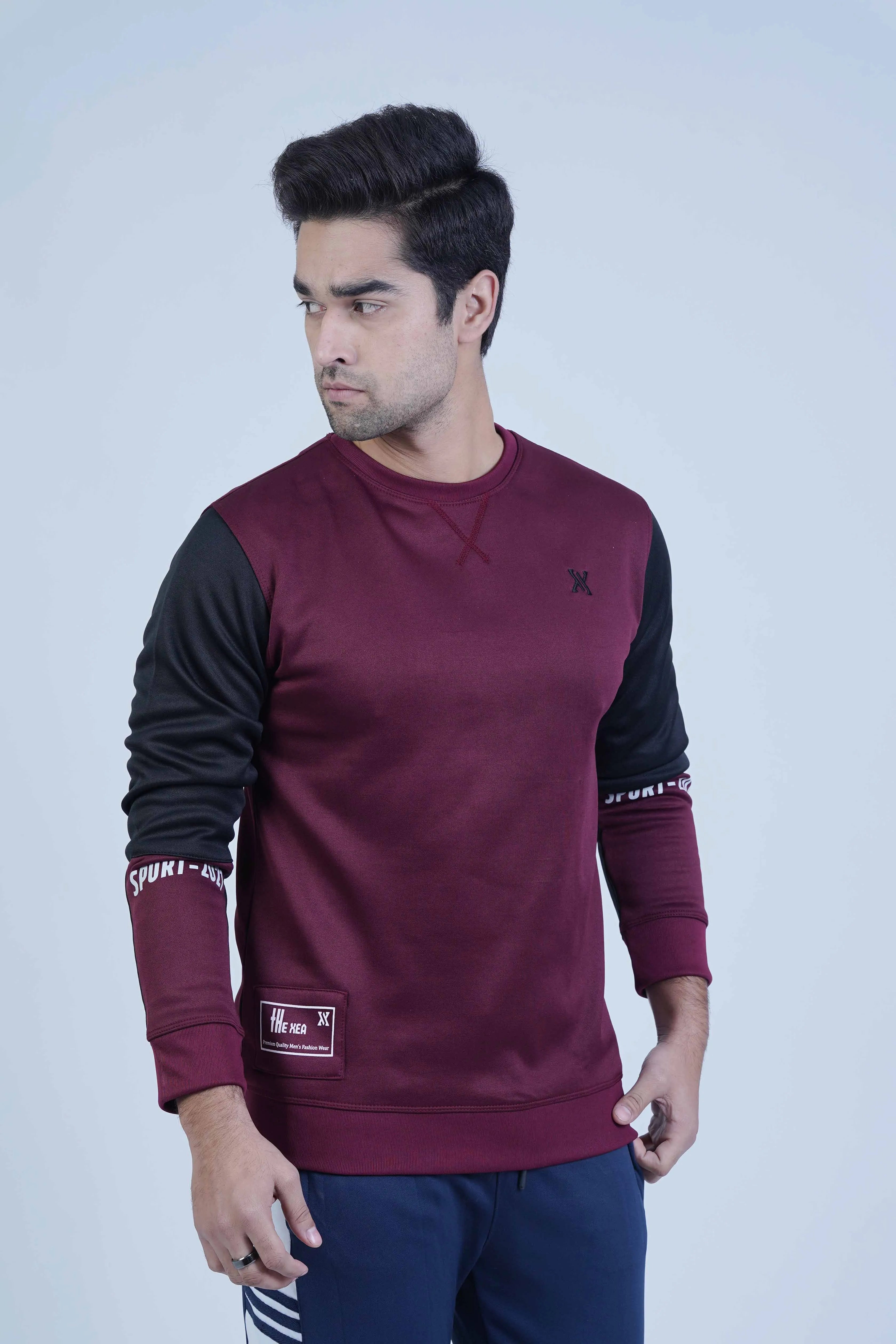 Become a style icon with this vibrant Contrast Sleeves Sweatshirt Maroon for men! Embrace bold fashion with striking sleeves, perfect for a modern wardrobe. Elevate your look with jeans or joggers for a dynamic and chic outfit. -  Contrast Sleeves Sweatshirt Maroon - Xea Clothing -  Contrast Sleeves Sweatshirt Maroon - Xea Clothing