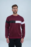 Deep maroon crewneck sweatshirt featuring a black and white stripe across the chest for a sporty, stylish look.