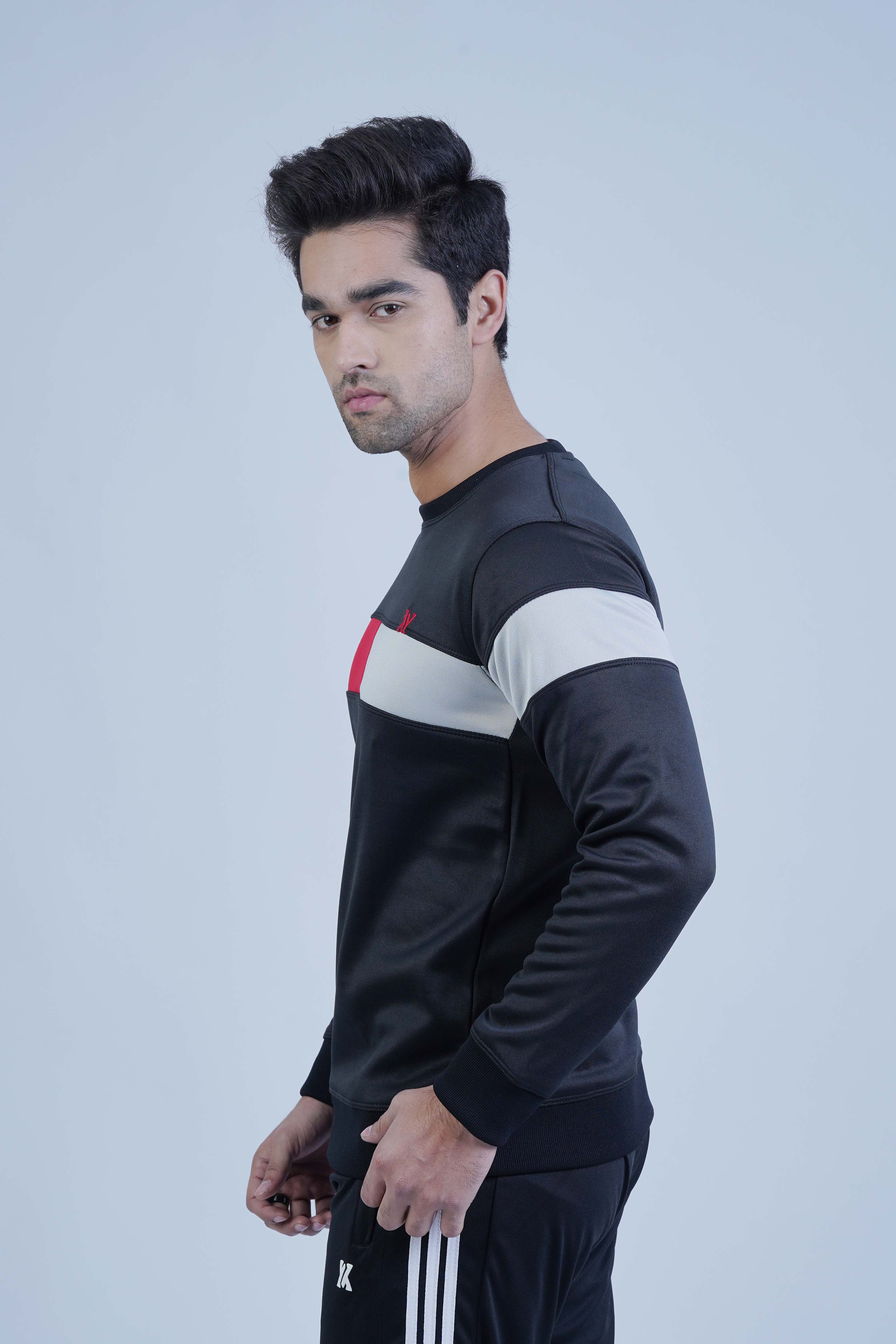 Upgrade your style with this trendy black sweatshirt for men! The modern red and white color block design is sure to inspire you daily.